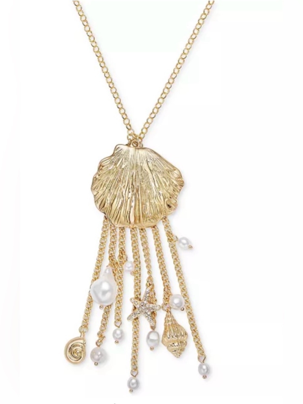 I.N.C. Gold-Tone Pavé & Imitation Pearl Shell Fringe Statement Pendant Necklace - Picture 1 of 9